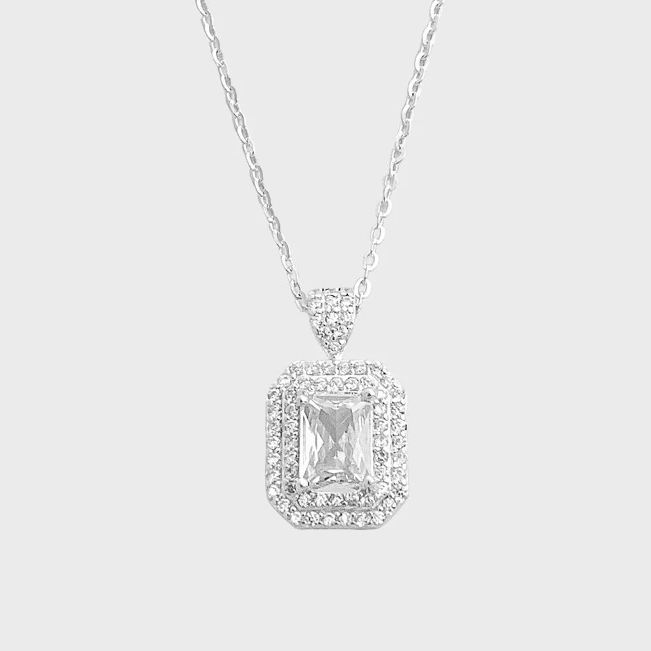 Silver Halo Emerald-Cut Necklace