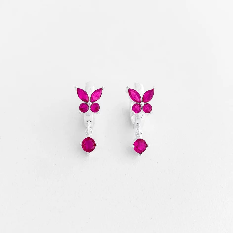 Pink CZ Butterfly Dangle Hoop Earrings