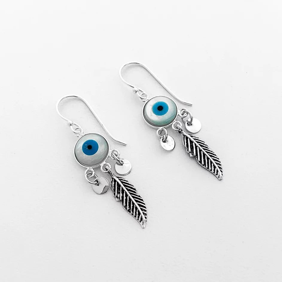 Evil Eye Single Feather Earring